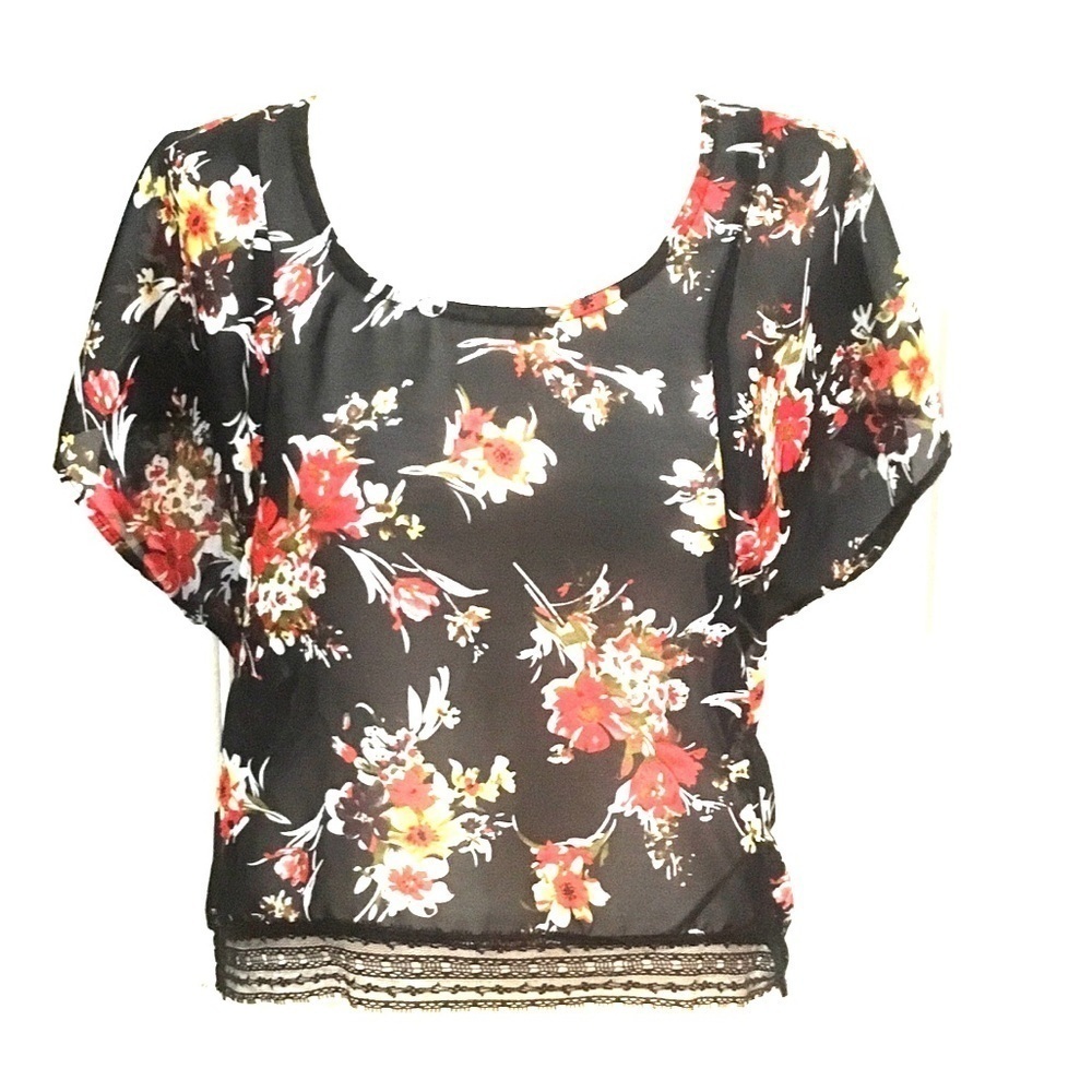 Black poppy floral scoop neck blouse.